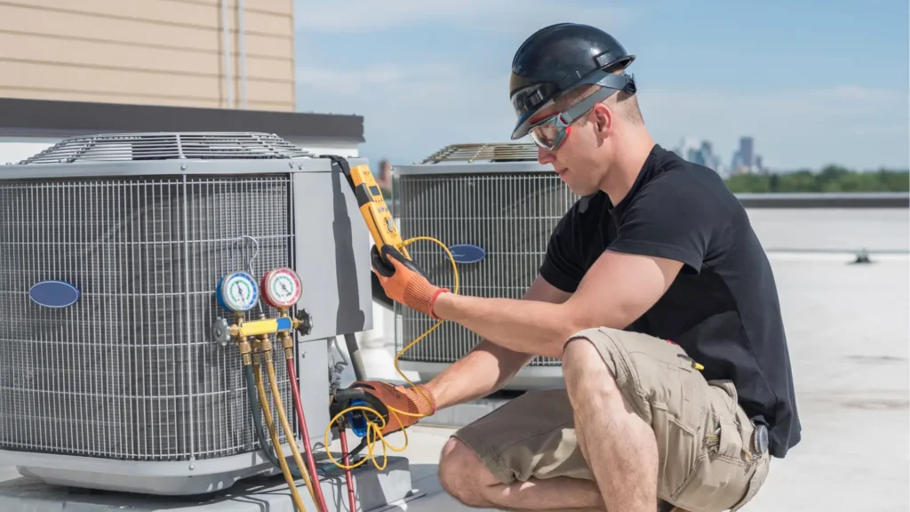 A technician wearing safety gear checks an air conditioning unit on a rooftop, using gauges and a meter to test the equipment during an HVAC repair and installation.