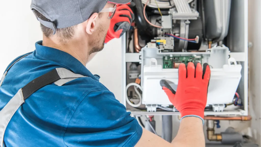 A technician in red gloves inspects and repairs the internal components of a boiler or heating system, showcasing expertise in HVAC repair and installation.