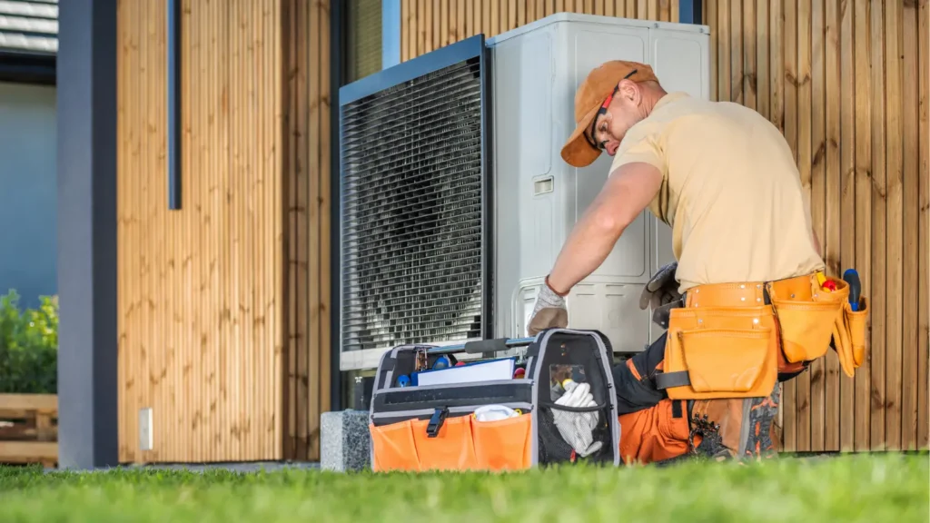 A maintenance worker in an orange uniform performs HVAC repair and installation on an outdoor unit, with tools organized in a bag on the grass nearby.