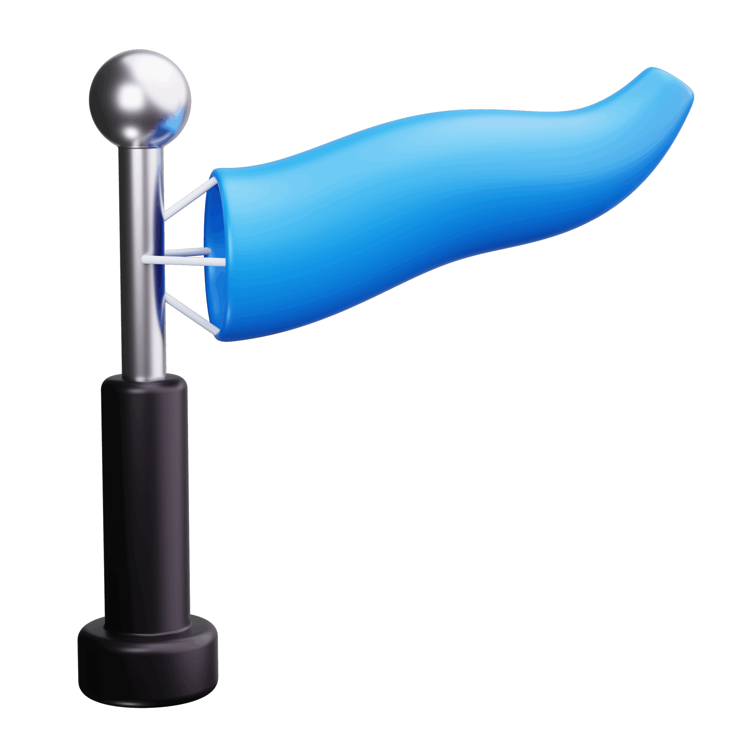 A blue windsock fully extended to the right on a black and silver pole, indicating strong wind blowing from left to right in one of the Atmoserra service areas for HVAC services Greater Vancouver.