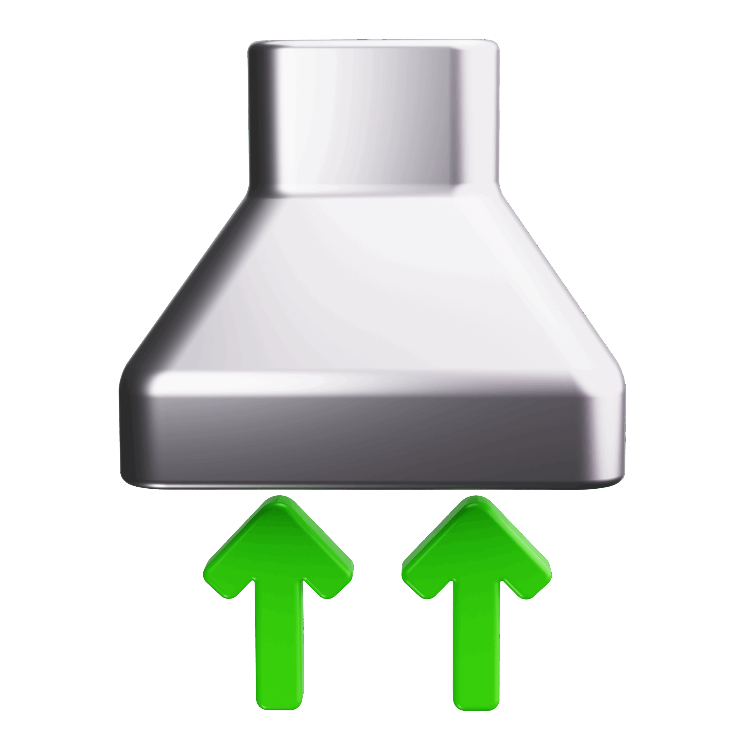 A metallic kitchen range hood with two green upward-pointing arrows below it, illustrating efficient ventilation—ideal for commercial HVAC Vancouver solutions.