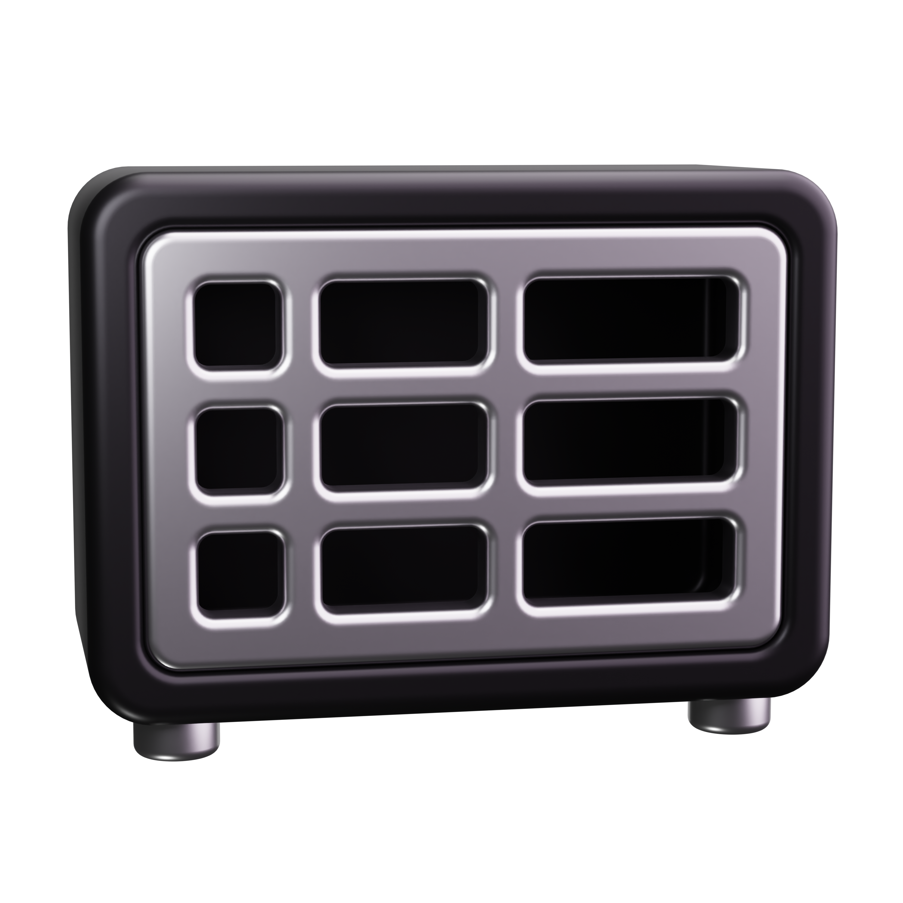 A rectangular, black and silver metal vent or grille with multiple square and rectangular openings, standing on four short legs—ideal for commercial HVAC Vancouver installations.