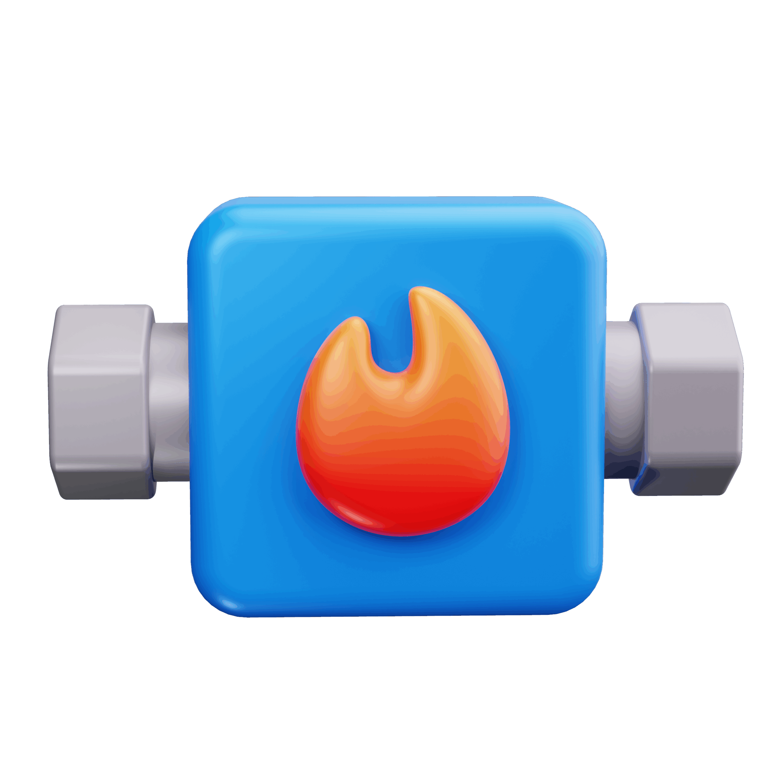 A blue square button with a red-orange flame icon in the center and gray cylindrical connectors on each side, representing top-tier commercial HVAC Vancouver expertise.