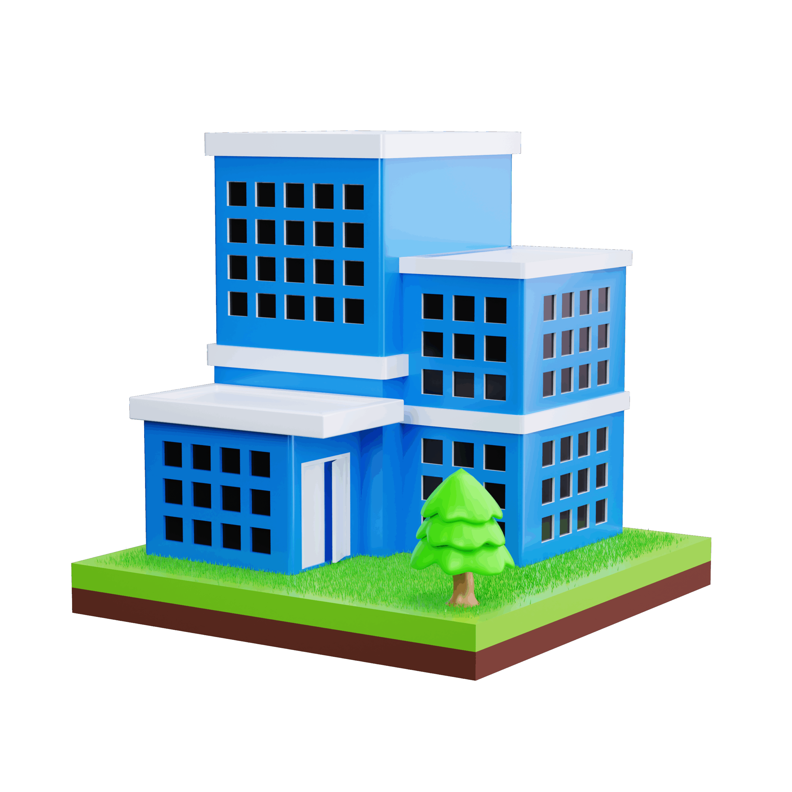 3D illustration of a blue building with multiple windows, a white entrance, a green tree, and grass on a square plot of land—ideal for showcasing Atmoserra service areas or HVAC services Greater Vancouver.