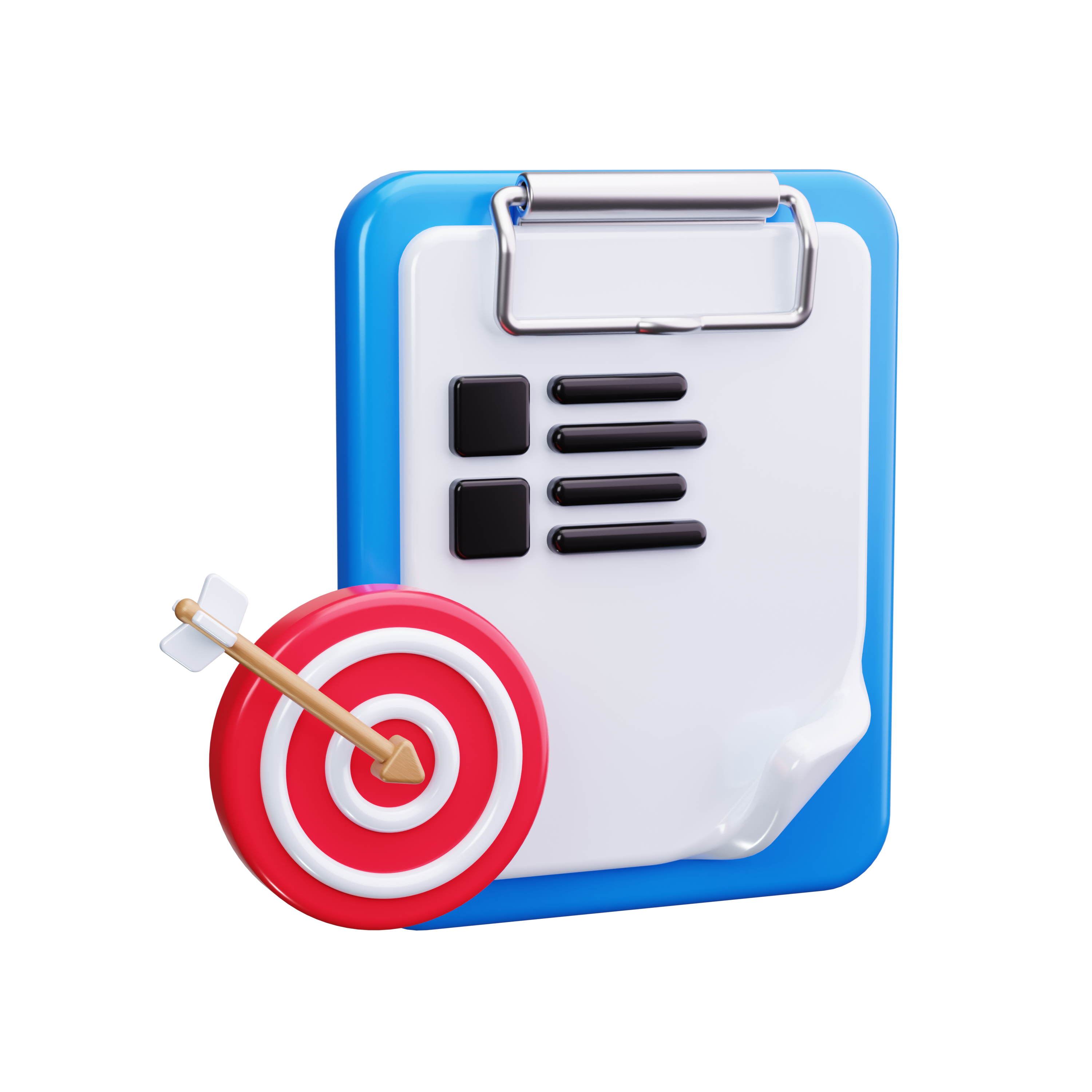 3D illustration of a clipboard with checklist and a red-and-white target hit by an arrow, symbolizing goal achievement and task completion for commercial HVAC Vancouver specialists.