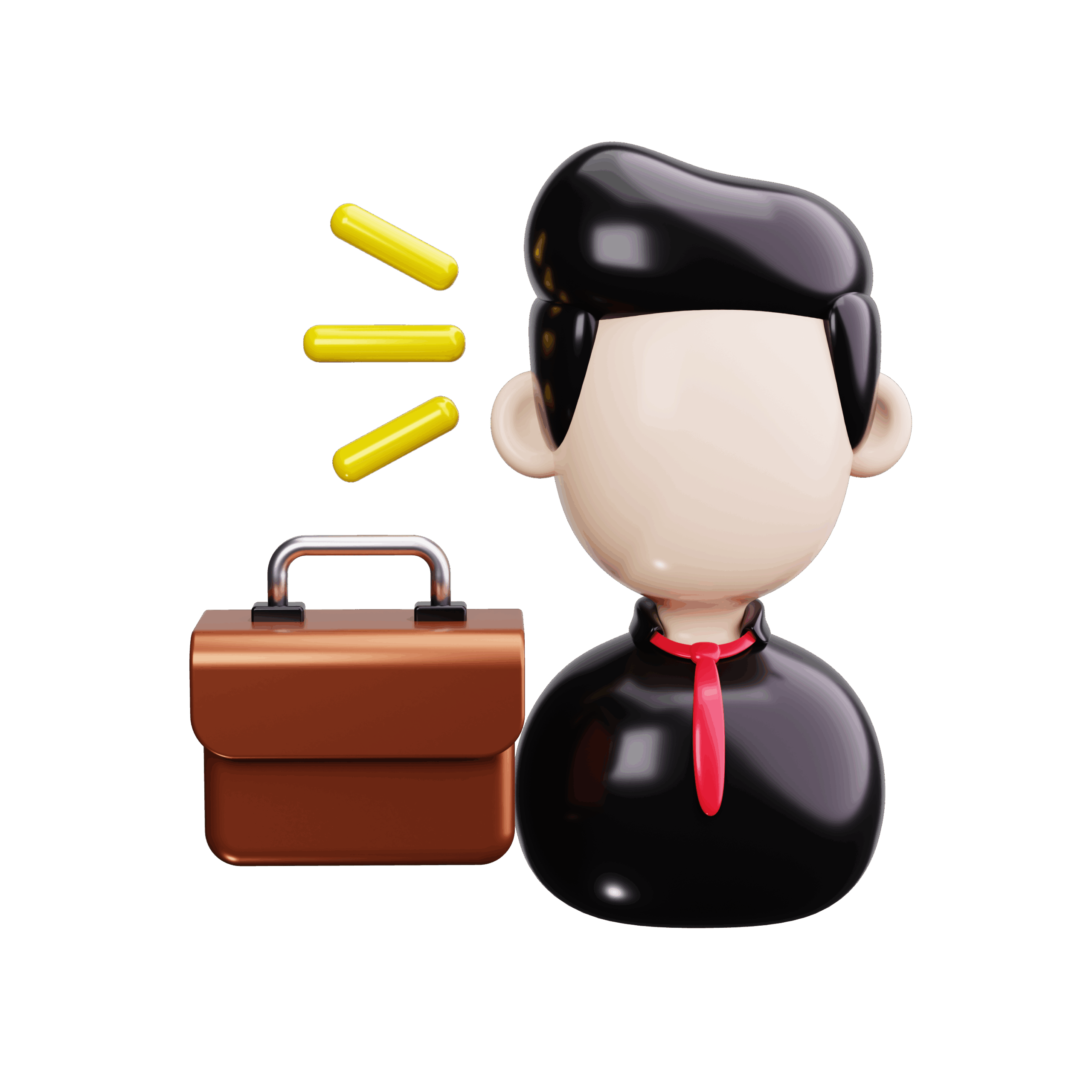 3D illustration of a faceless person in a suit and red tie beside a brown briefcase with three yellow lines above the briefcase, on a plain white background.