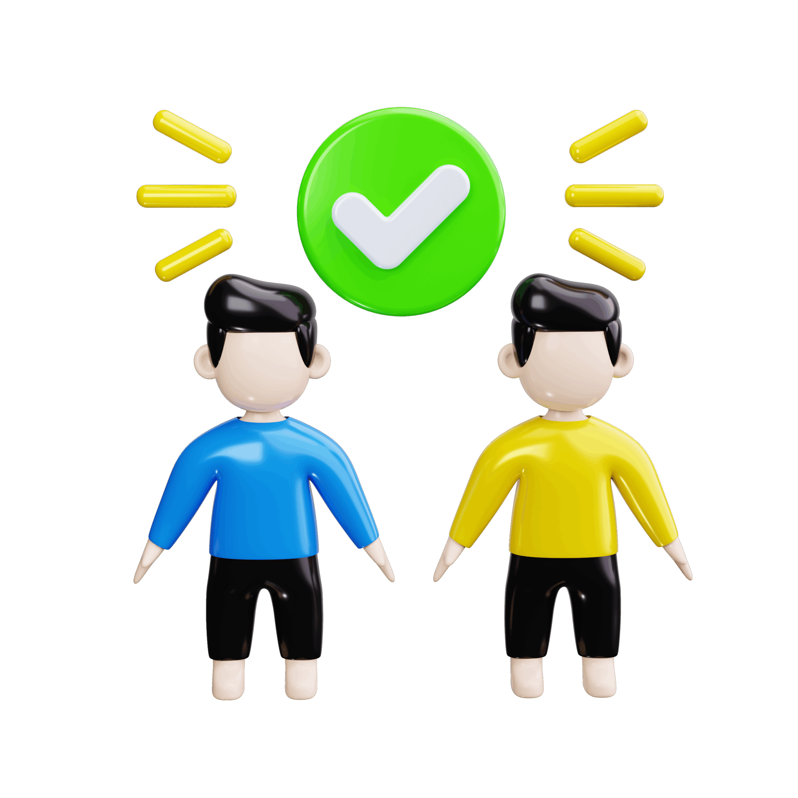 Two cartoon-style figures, one in blue and one in yellow, stand side by side beneath a green checkmark with yellow lines radiating from it—perfect for illustrating trusted residential HVAC services BC or commercial HVAC Vancouver.