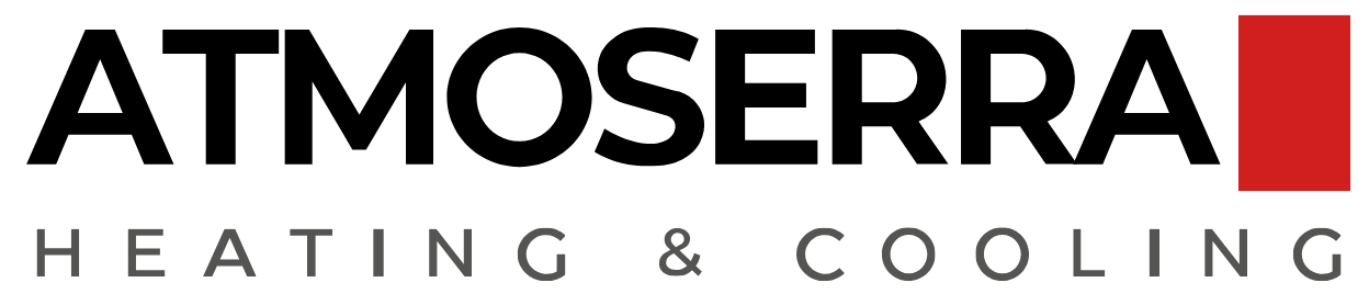 ATMOSERRA logo with the words "HEATING & COOLING" beneath in uppercase letters and a solid red square on the right, representing trusted commercial HVAC Vancouver solutions.